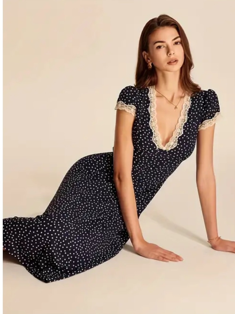 NWT Commense Polka Dot Lace Trim V-Neck Short Sleeve Sheath Dress Navy Medium - Picture 11 of 11